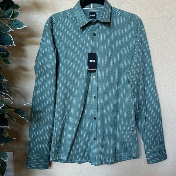 BOSS | Open Green Printed Slim Fit Shirt - Picture 5 of 12